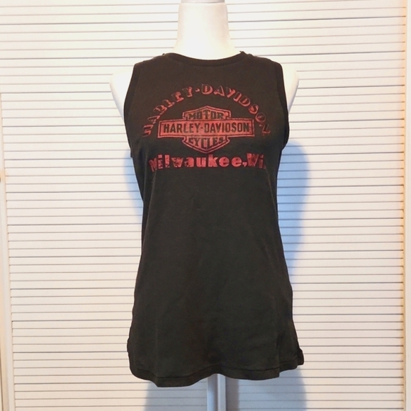 Harley-Davidson Women's sleeveless muscle t tank top large red screen print - Picture 1 of 4